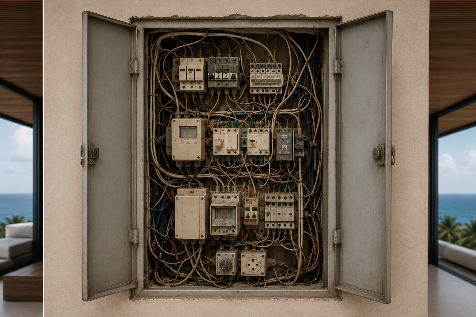 Geöffnete, altmodische und minderwertig ausgeführte Gebäudetechnik
