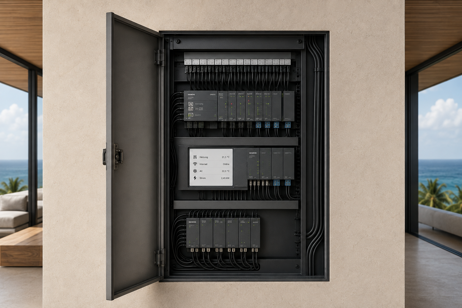 Geöffnete High-End-Steuerung mit zwei Siemens-SIMATIC-Controllern und heller LCD-Statusanzeige